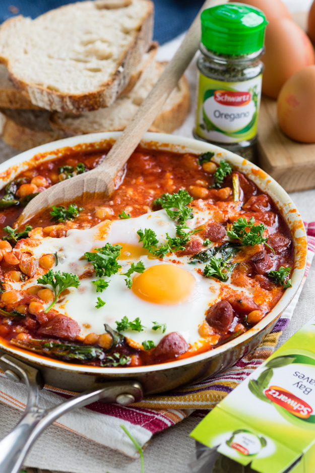 Chorizo Chickpea and Baked Eggs