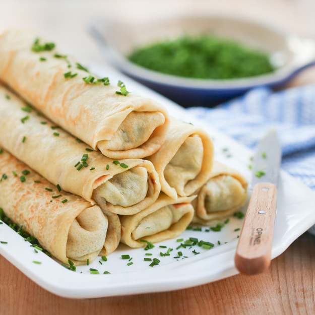 Chicken and Chive Rolled Crepes  by Thirsty For Tea