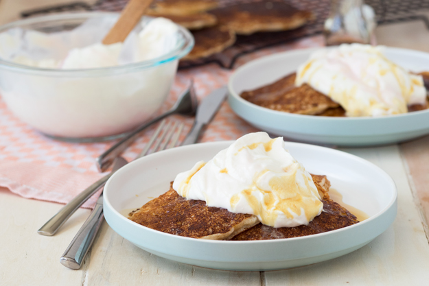 Cornmeal and Spelt Flour Pancakes with Rhubarb Whipped Cream | The Worktop