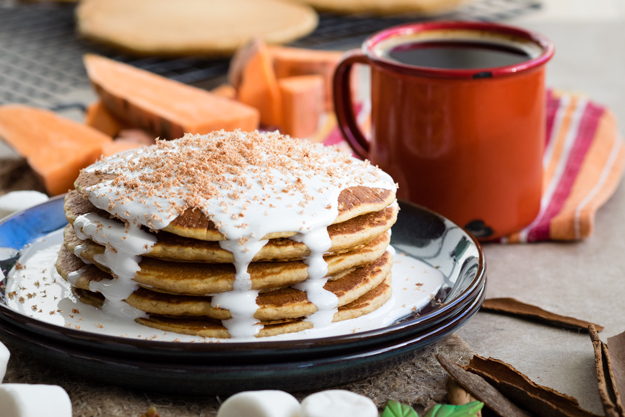 Sweet Potato Pancakes with Marshmallow Sauce for a festive fall breakfast - Perfect for Thanksgiving morning | The Worktop