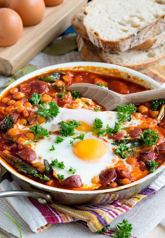Chorizo Chickpea and Baked Eggs