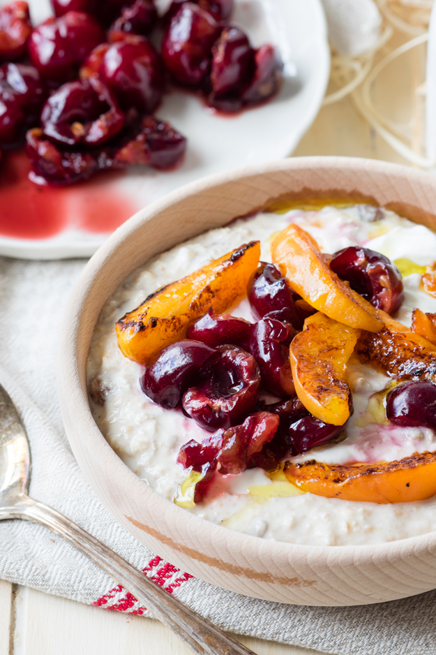 Smashed Cherries and Olive Oil Apricots on Bircher Muesli | The Worktop