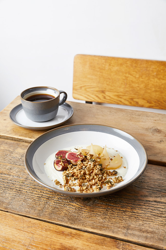 Yogurt Breakfast Bowl with Poached Pears, Figs, Granola and Salted Caramel Sauce | The Worktop