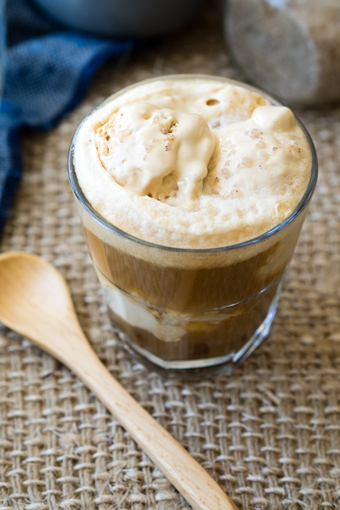 Caramel ice cream and coffee together to make a float