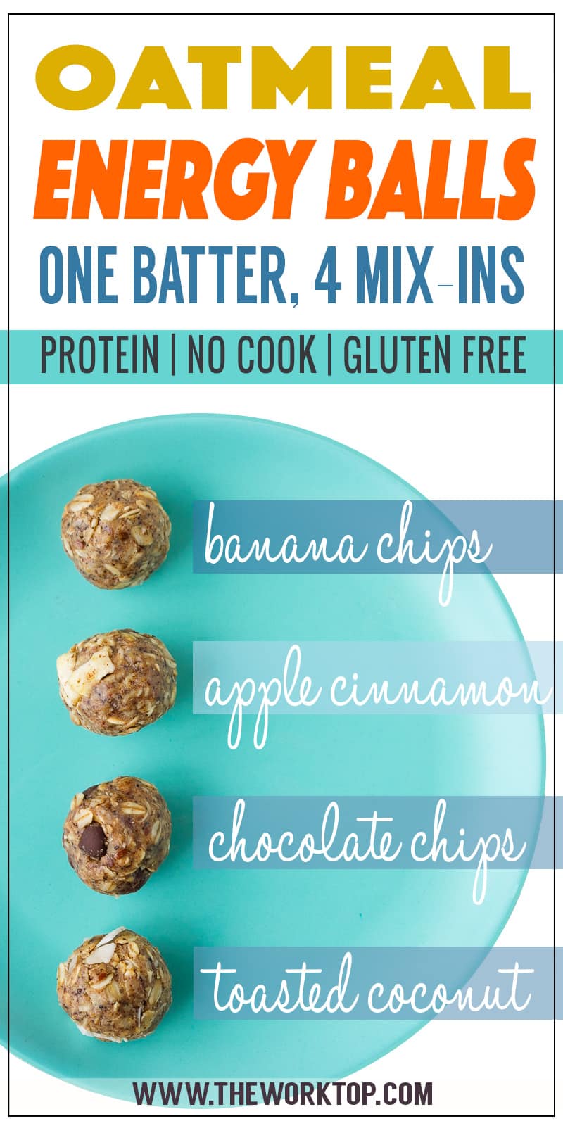 Healthy No Cook Oatmeal Energy Balls - one batter, four different mix-ins. A grab and go breakfast for the entire family, or a delicious high protein snack! Recipe from www.theworktop.com. #grabandgo #healthybreakfast #energyballs