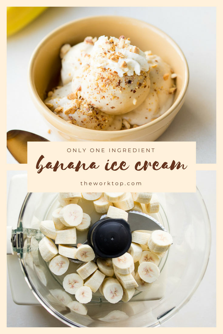 Easy Healthy Banana Ice Cream Recipe (vegan, gf). One ingredient only. Make this homemade ice cream in a food processor. No ice cream machine required. Perfect for kids as a healthy snack, or serve it for breakfast with a sprinkle of granola! Recipe from www.theworktop.com. #bananaicecream #homemadeicecream #veganicecream