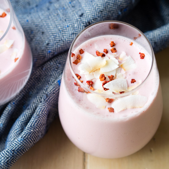 Strawberry Lassi with Rose Water and Coconut Yogurt (Vegan)