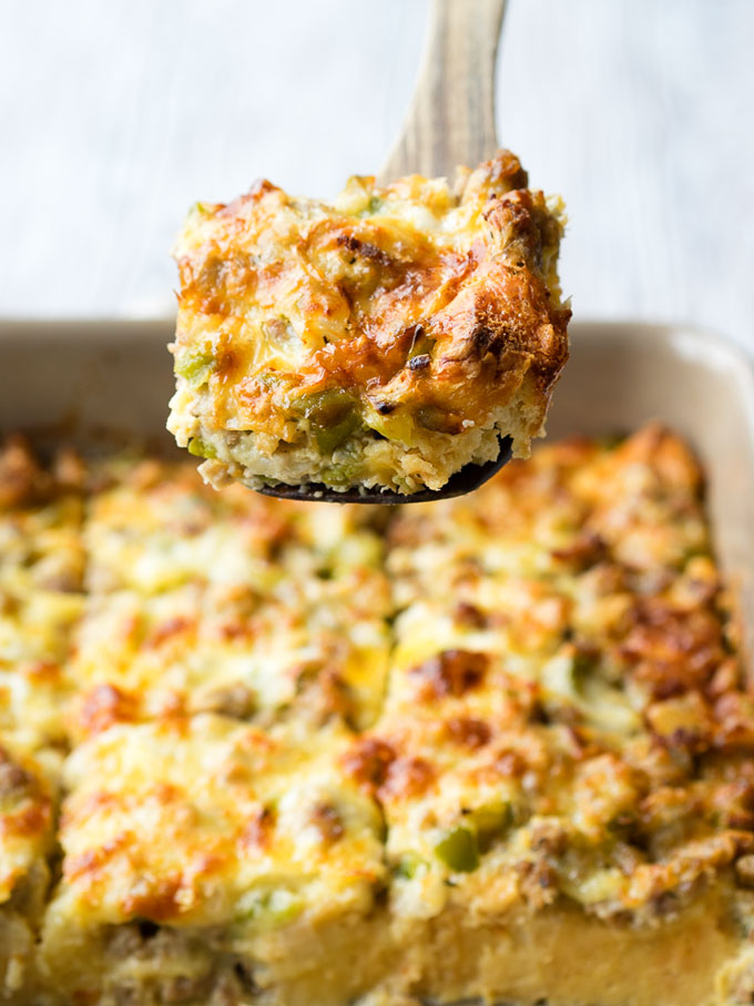 Sausage and Egg Breakfast Casserole - Easy Recipe - on a spatula being served | The Worktop