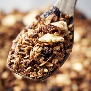 Nut Free Granola Recipe - close up to show oats, raisins, wheat germ | The Worktop