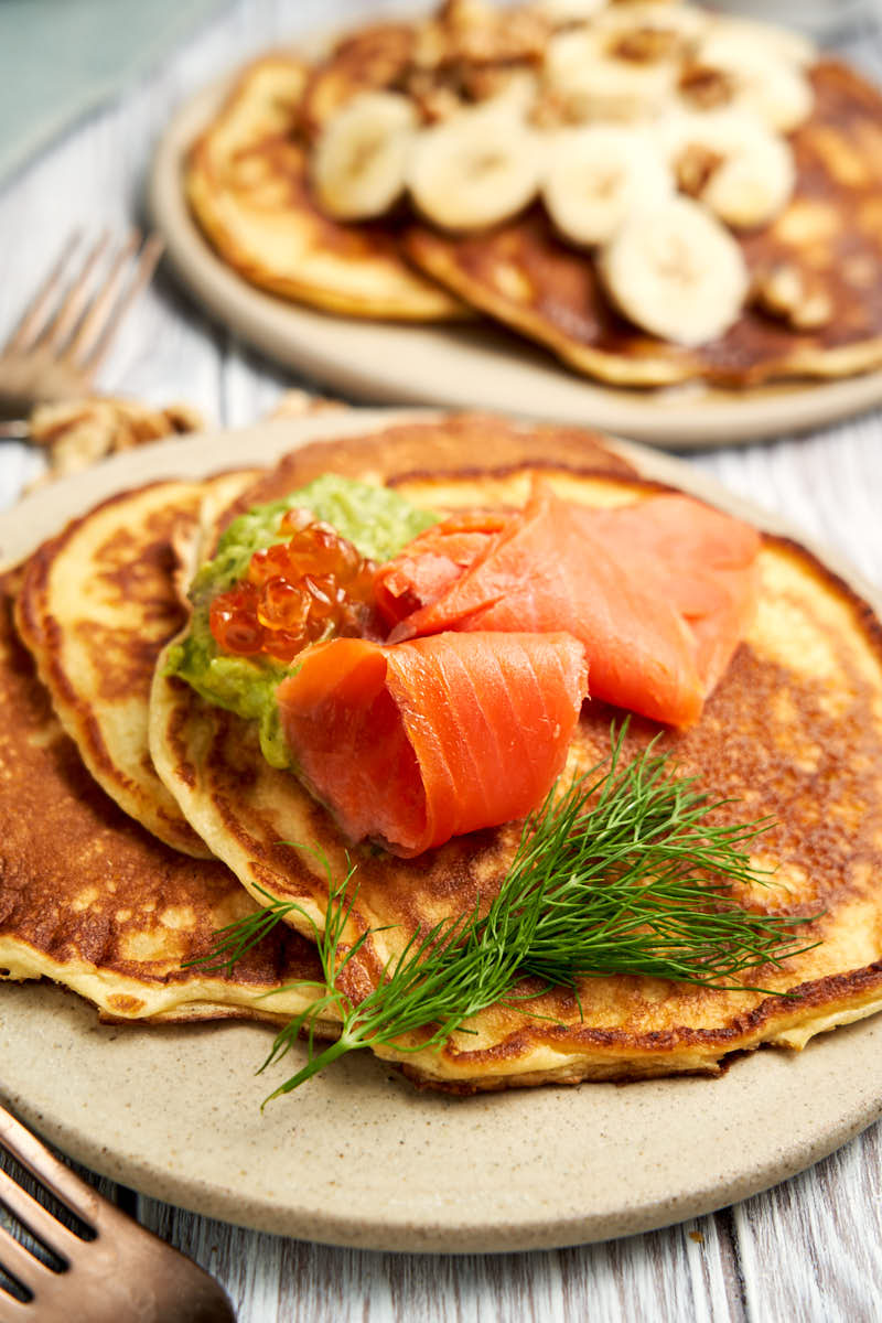 Sour Cream Pancakes - Thin pancake recipe - topped with smoked salmon and plated | The Worktop
