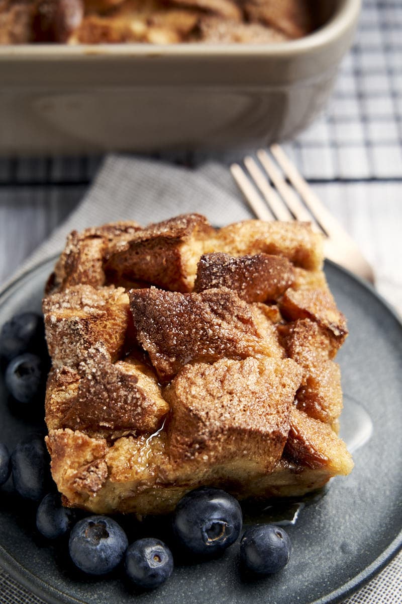 Overnight French Toast Casserole with Challah - plated with maple syrup | The Worktop
