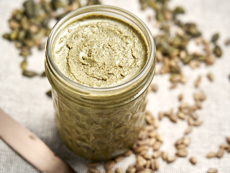 Pumpkin and Sunflower Seed Butter - in a jar to show smooth consistency | The Worktop