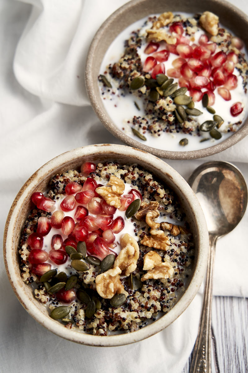 Quinoa Oatmeal Breakfast Bowl - overhead shot with 2 bowls
