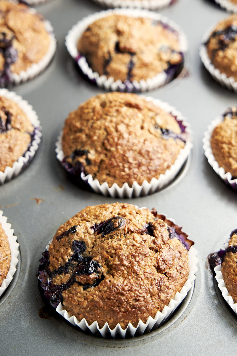 Skinny Banana Muffins with Blueberries - in muffin tin | The Worktop