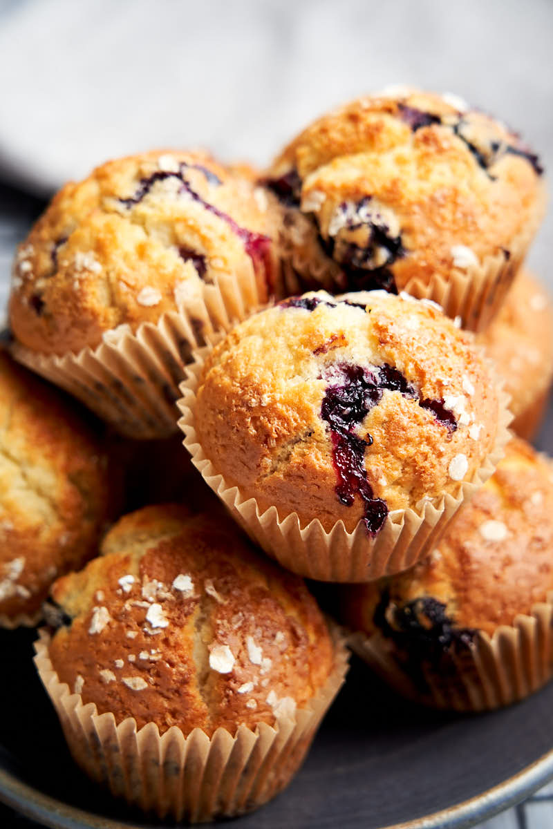 Skinny Blueberry Muffins - showing low fat muffins stacked on plate | The Worktop