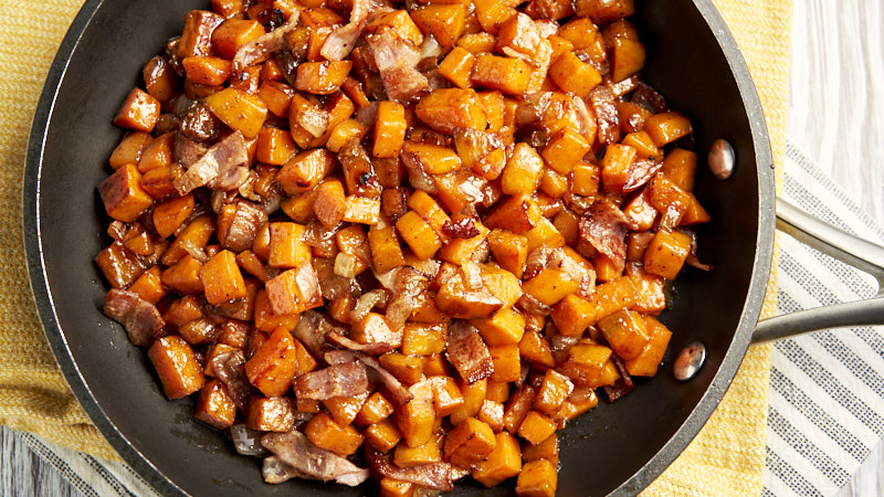Sweet Potato Hash - in skillet with bacon and glaze | The Worktop