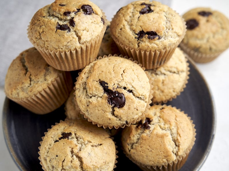 Vegan Chocolate Chip Muffins - stack on plate | The Worktop