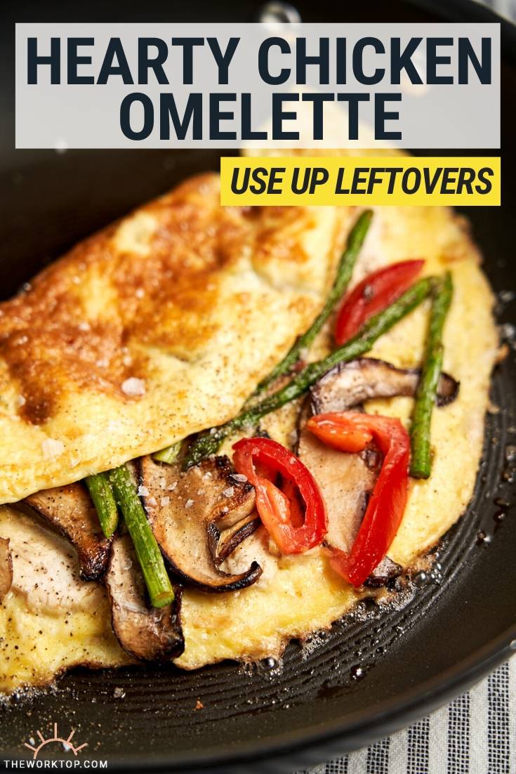 Chicken Omelette Recipe - close up of omelette on pan with text