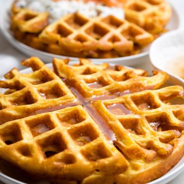 Cottage Cheese Waffles - 2 plates with stacks of waffles on each for breakfast | The Worktop