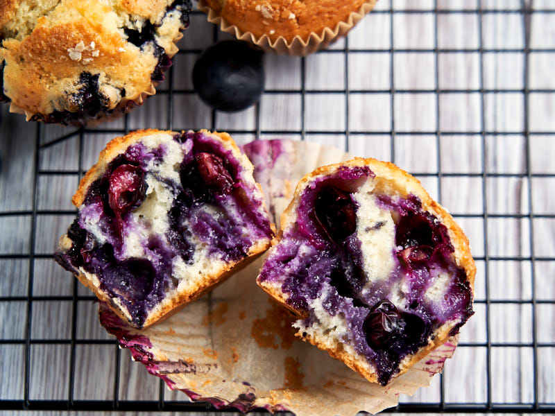 Low Fat Blueberry Muffins - skinny muffin recipe showing muffin broken in half | The Worktop