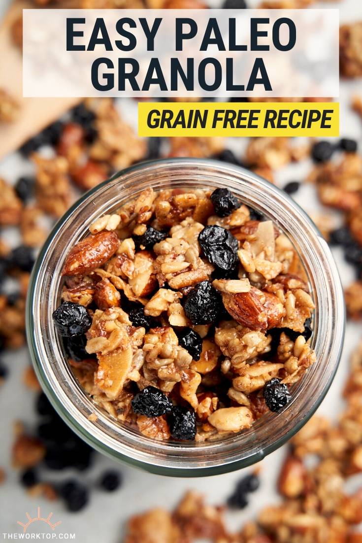 Paleo Granola Recipe (Grain Free) - in jar showing nuts and blueberries - with text