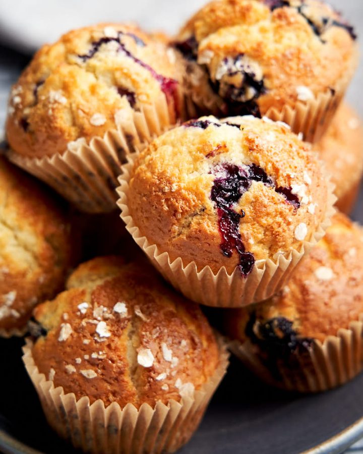 Skinny Blueberry Muffins - stack of skinny muffins with blueberries | The Worktop