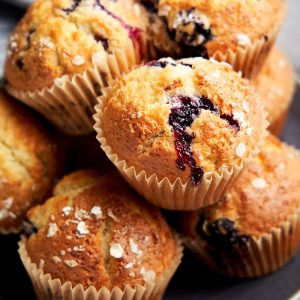 Skinny Blueberry Muffins - stack of low fat muffins | The Worktop
