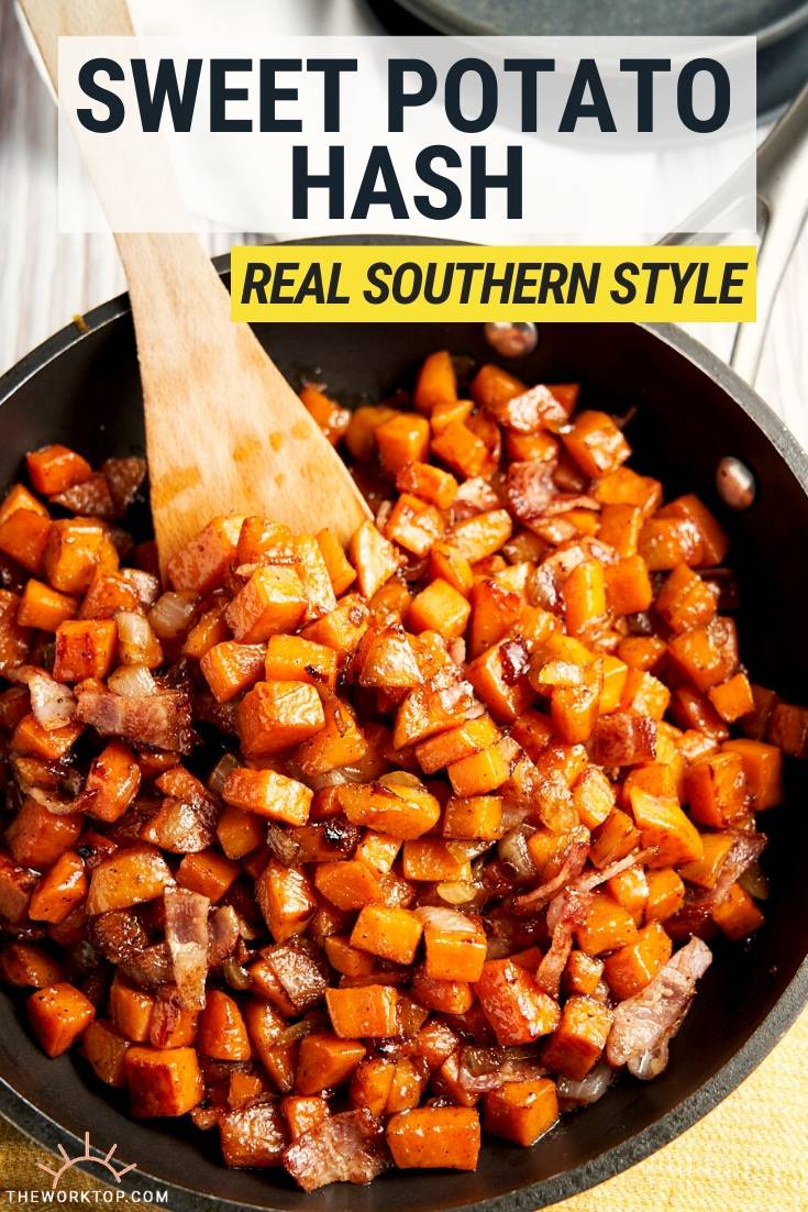 Sweet Potato Hash Recipe - in skillet with maple syrup glaze showing | The Worktop