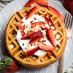 Healthy Waffle Recipe - overhead with strawberries and Greek yogurt | The Worktop