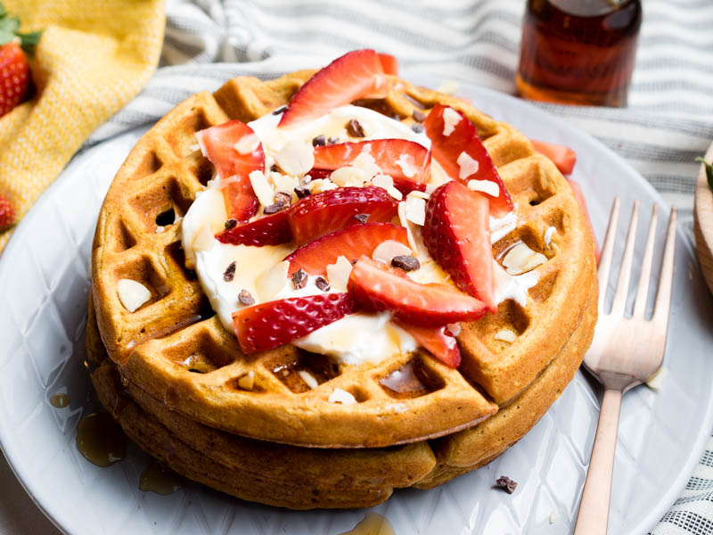 Healthy Waffle Recipe - plated for breakfast, topped with Greek yogurt | The Worktop