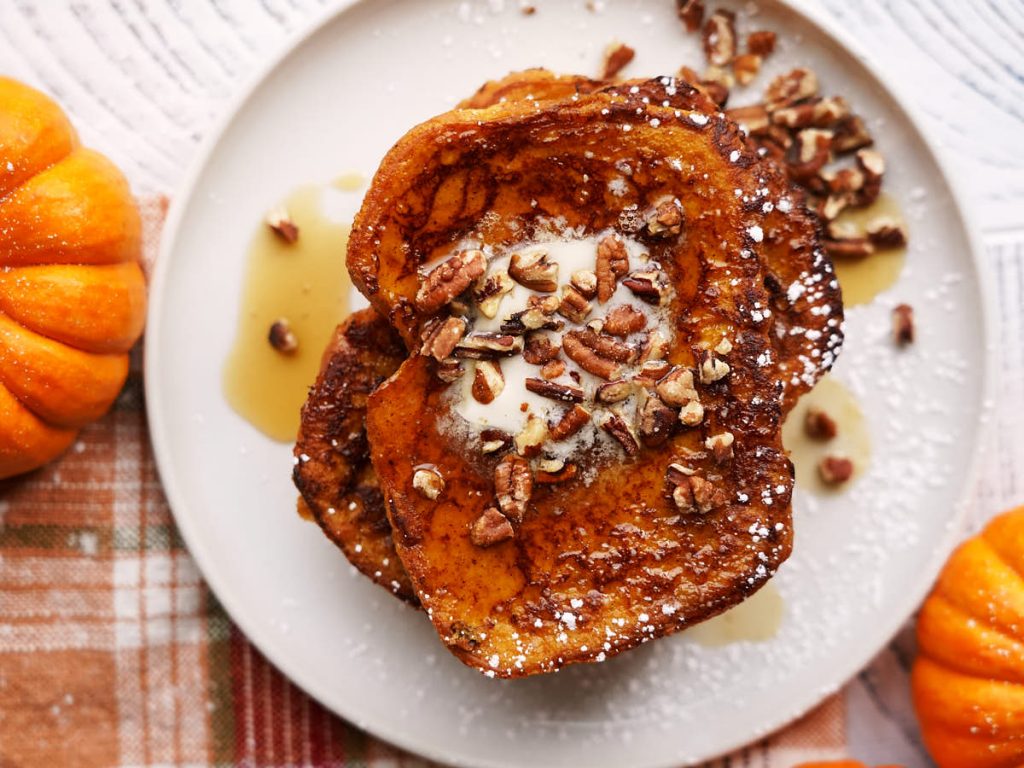Pumpkin French Toast - topped with maple syrup and pecan | The Worktop