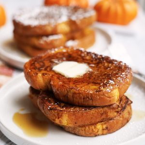 Pumpkin French Toast - Stacked with butter and maple syrup | The Worktop