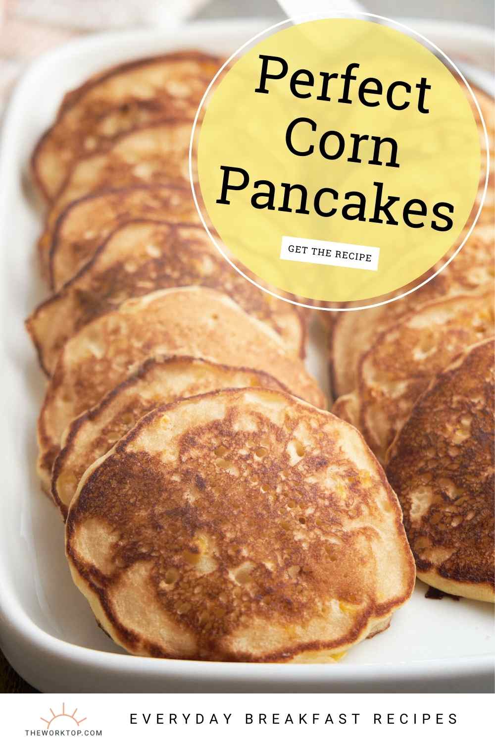 corn pancakes on a tray with text overlay