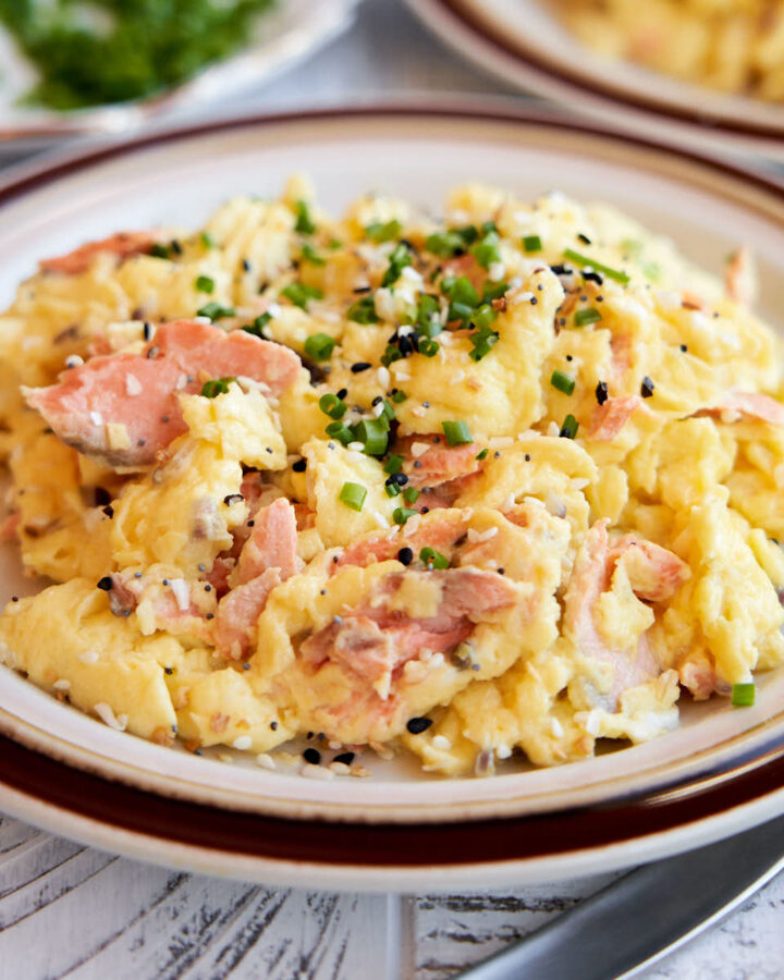 salmon and eggs breakfast idea on a plate to be served